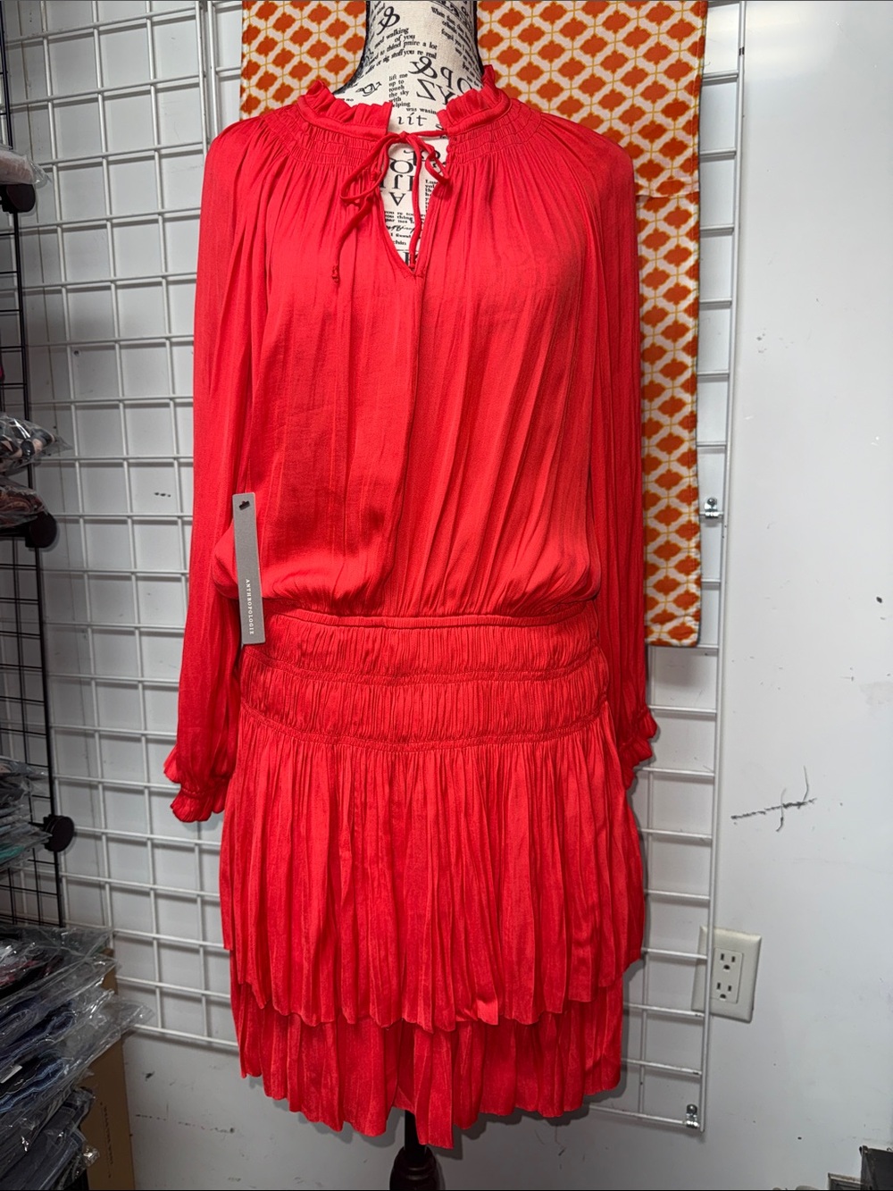 Anthropologie Red Long-Sleeve Tiered Ruffle Dress petite size L